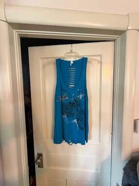 Liberty Wear Blue Jackyl Motorcycle Graphic Rhinestone Cutout Back Tank Top